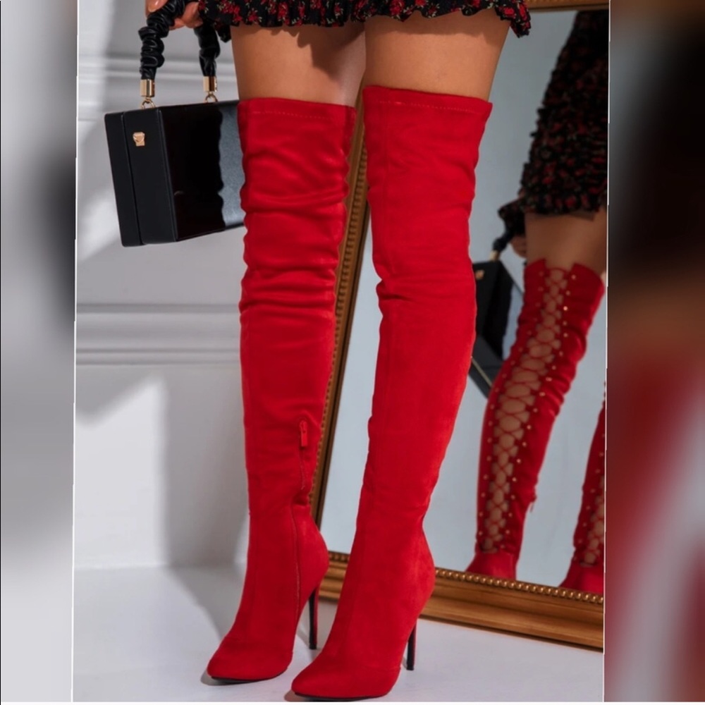 NEW !! Stretchy Over the Knee Lace Up Boots in Red - Picture 6 of 10